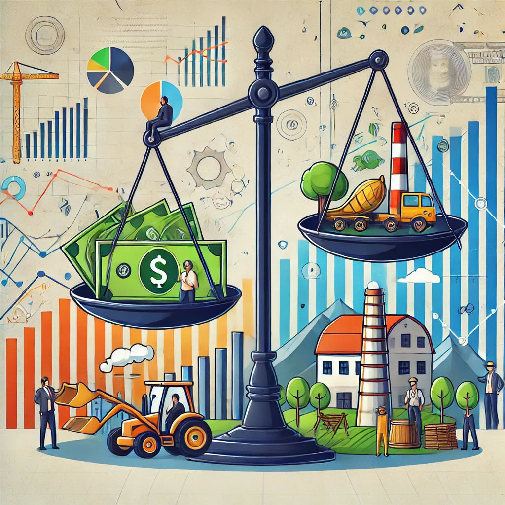 Ilustração conceitual representando o que é economia, com balança entre dinheiro e recursos