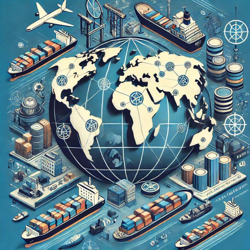 Mapa-múndi estilizado com navios e containers, representando o comércio global e o livre comércio