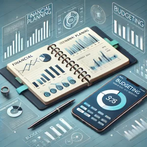 Um caderno de planejamento financeiro aberto sobre uma mesa, com gráficos, anotações e um smartphone exibindo um aplicativo de orçamento.