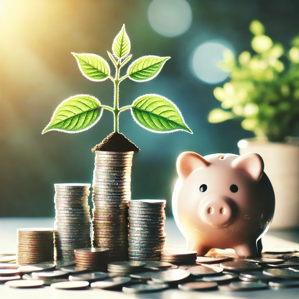 Um cofrinho rosa ao lado de pilhas de moedas, com uma pequena planta crescendo sobre uma delas, simbolizando economia e investimentos.