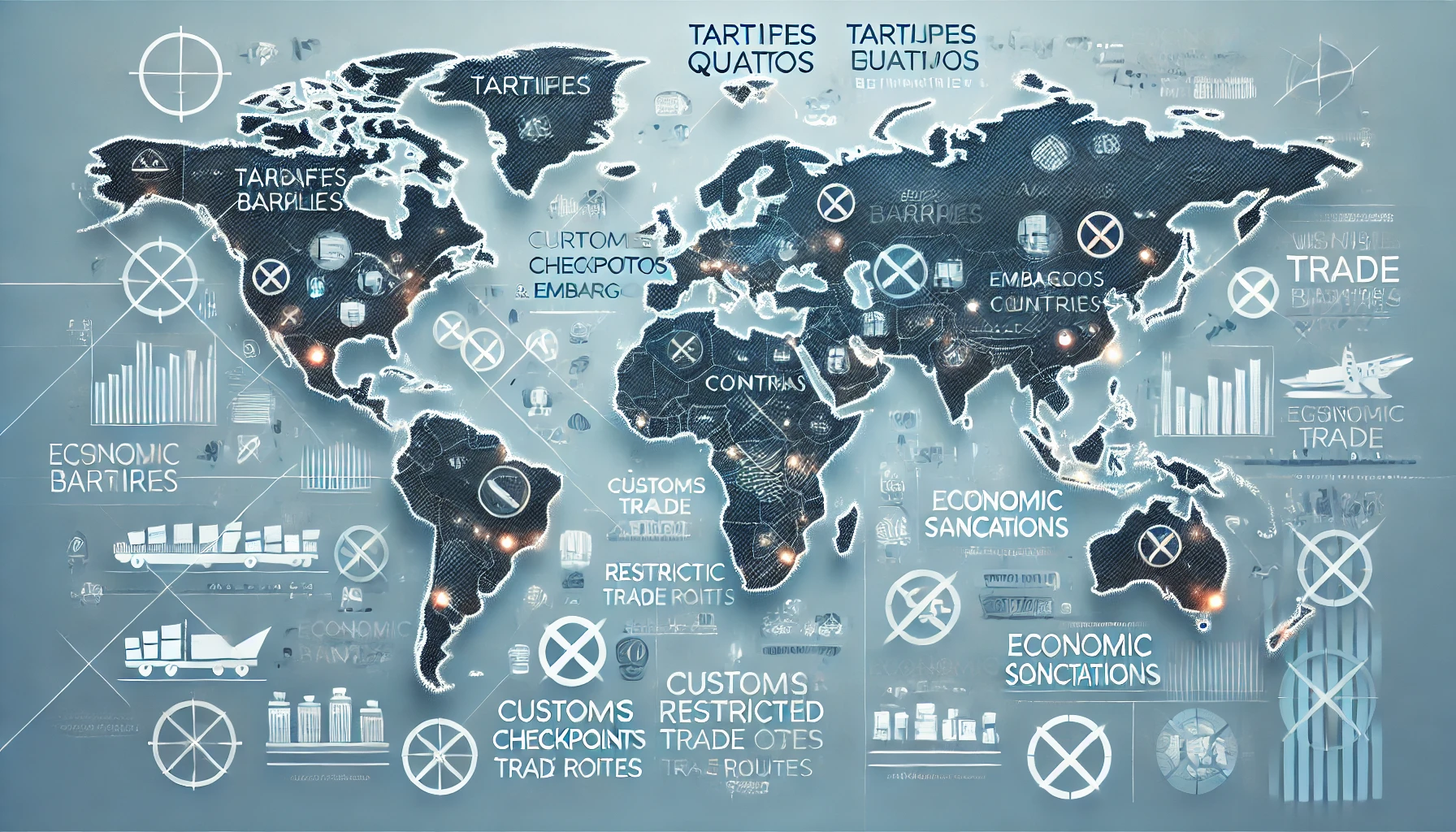 Mapa mundial ilustrando barreiras comerciais como tarifas, quotas e embargos entre nações.