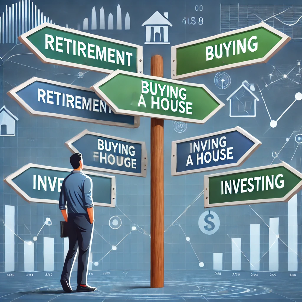 Pessoa em uma encruzilhada com placas indicando diferentes metas financeiras, representando a importância do planejamento financeiro.