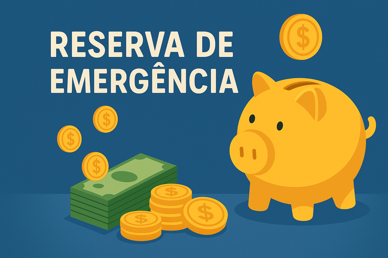 Ilustração de um cofre em formato de porquinho amarelo, moedas douradas flutuando ao redor e cédulas verdes empilhadas, representando uma reserva de emergência financeira.