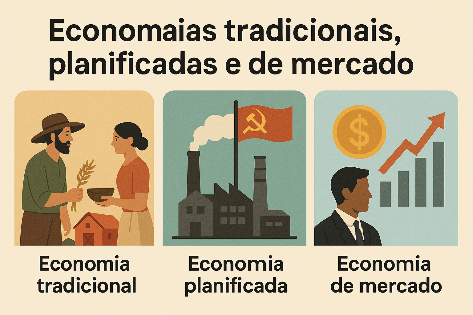 Ilustração dos três sistemas econômicos: economia tradicional com troca de bens, economia planificada com fábricas estatais, e economia de mercado com gráficos e moeda.